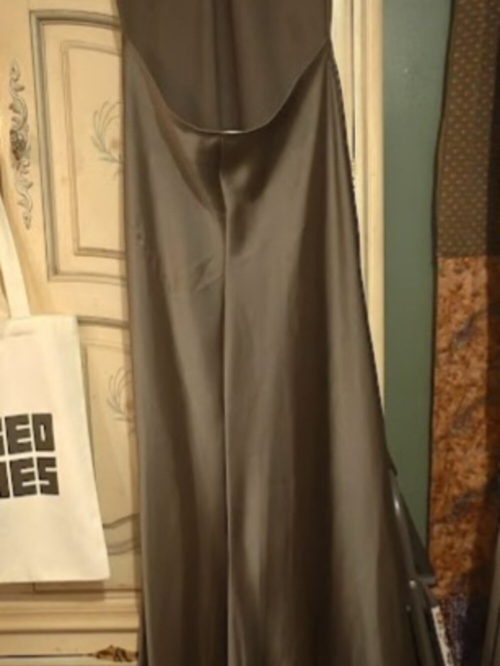 Zara Satin Maxi Slip Dress Taupe Bronze Olive Green Spaghetti Strap V-Neck Forma - Picture 4 of 4